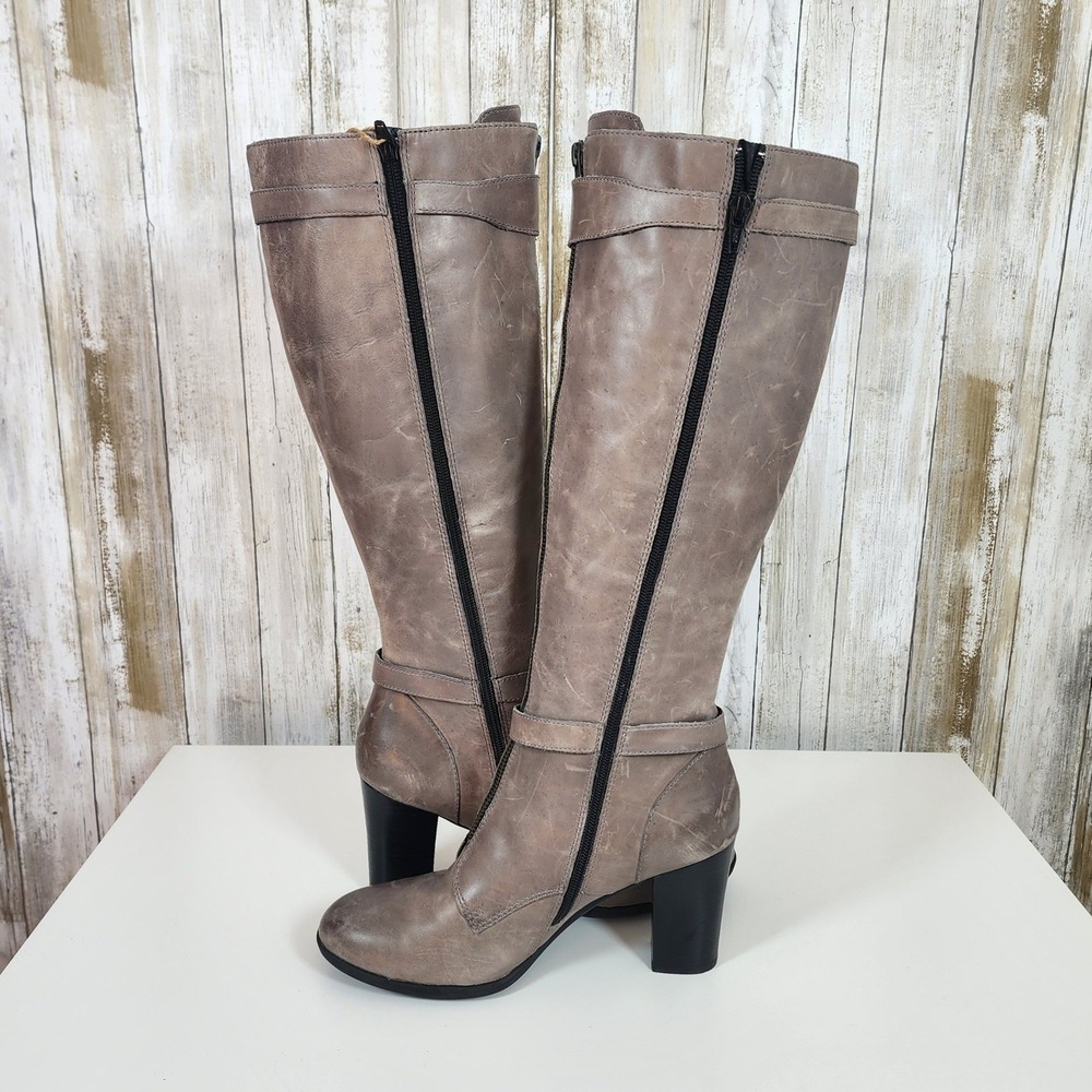 Born BOC Gemini Tall Distressed Leather Boots Sz 8.5 Gray Zip Buckle High Heel - Picture 7 of 16